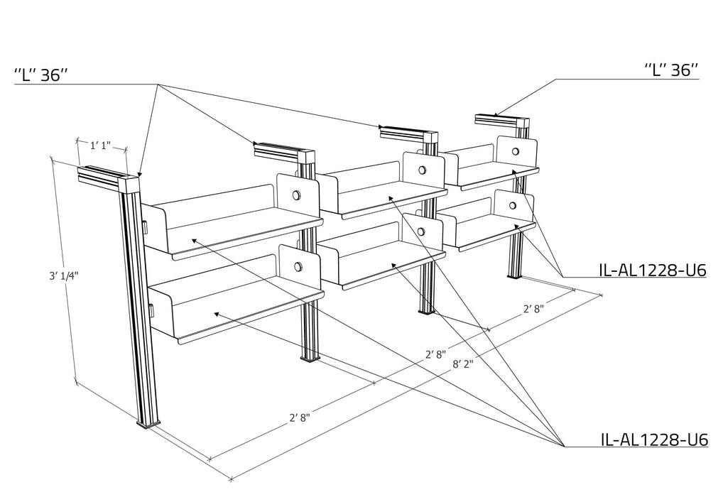 Bibliothèque carrée murale basse 3 sections, 6 tablettes (IL-BIBMC3S6T) Bibliothèque RHO